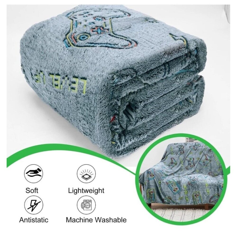 Glow In The Dark Flannel Blanket With Game‎ Controller Design Throw 50" x 60"